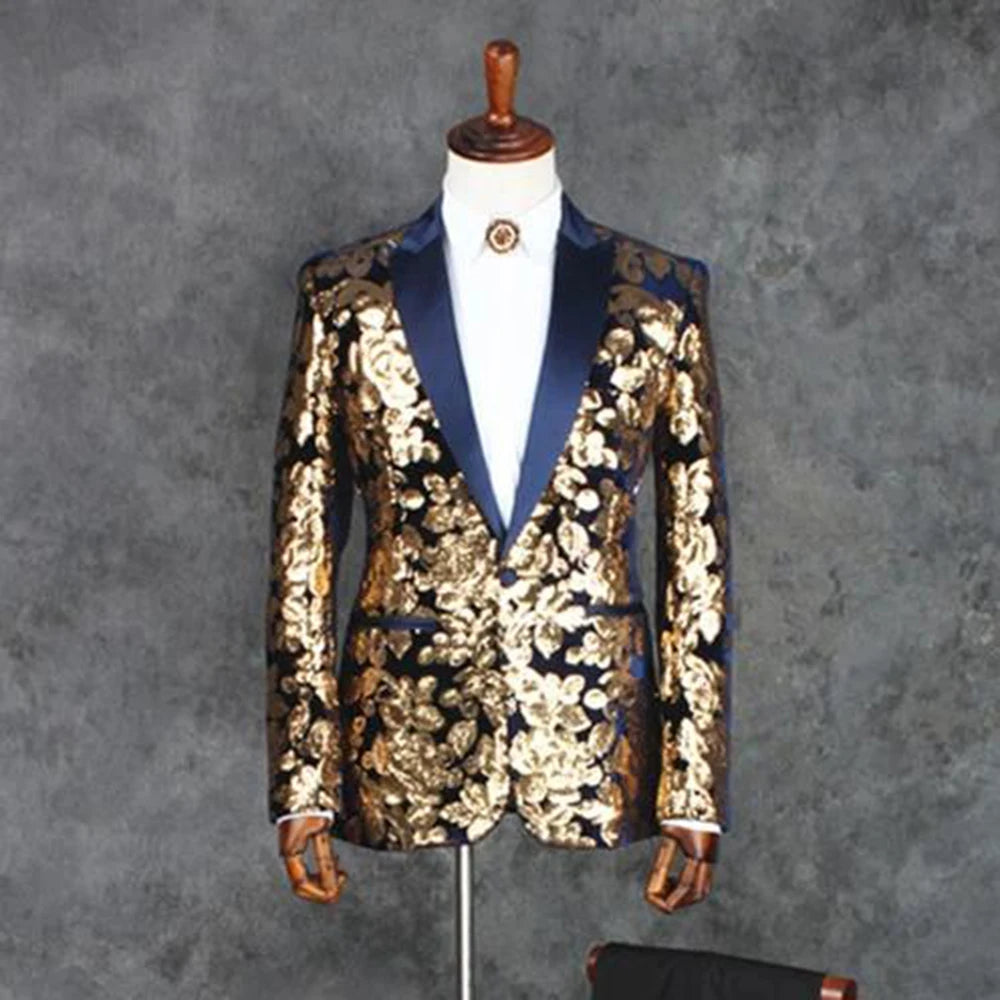 Elegant Gold Floral Tuxedo Blazer for Men - Premium 2-Piece Suit Set for Weddings, Parties, and Formal Events