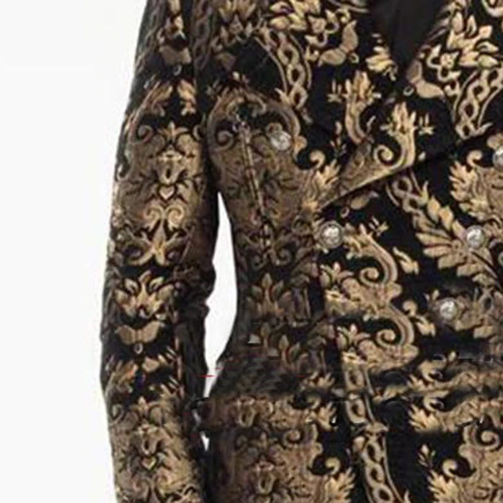 Elegant Men's Gold Patterned Blazer Suit Set - Luxurious Fashion Jacket for Weddings, Parties, and Formal Occasions