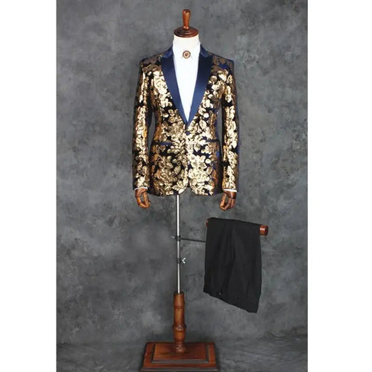 Elegant Gold Floral Tuxedo Blazer for Men - Premium 2-Piece Suit Set for Weddings, Parties, and Formal Events