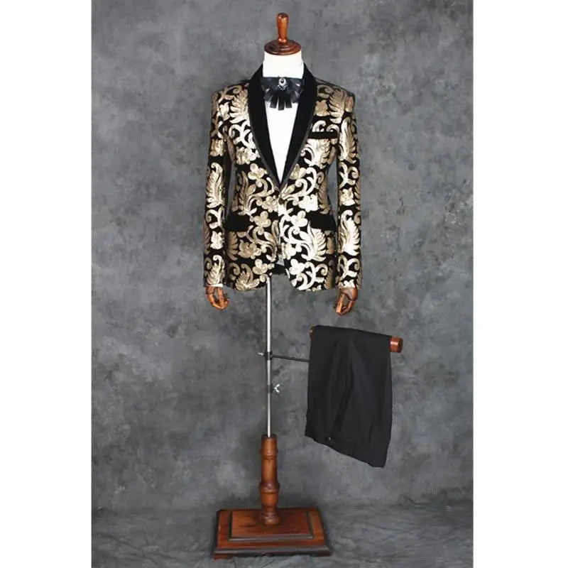 Elegant Gold Floral Tuxedo Blazer for Men - Premium 2-Piece Suit Set for Weddings, Parties, and Formal Events