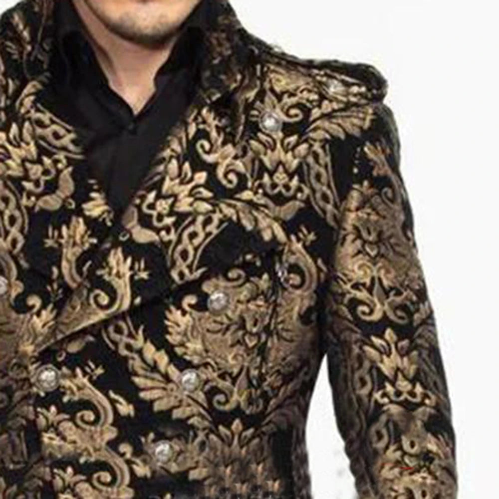 Elegant Men's Gold Patterned Blazer Suit Set - Luxurious Fashion Jacket for Weddings, Parties, and Formal Occasions