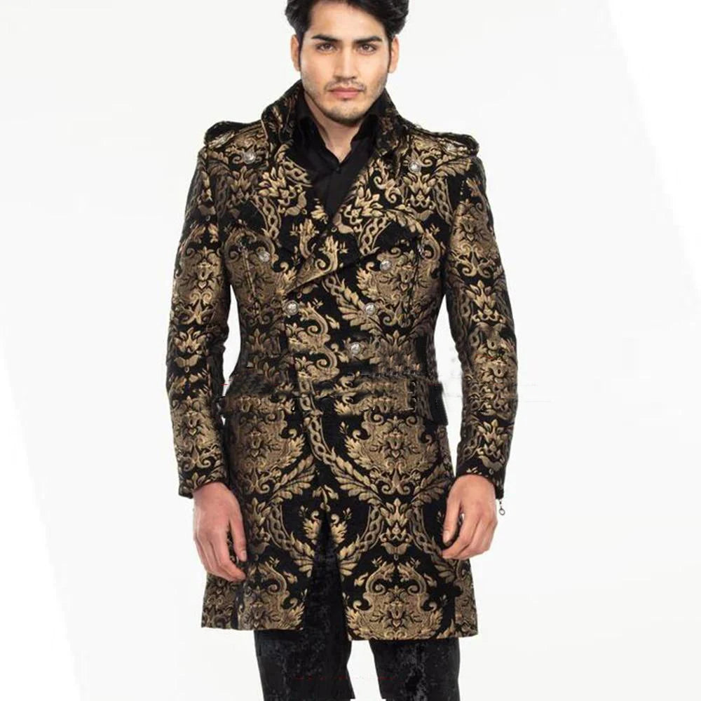 Elegant Men's Gold Patterned Blazer Suit Set - Luxurious Fashion Jacket for Weddings, Parties, and Formal Occasions