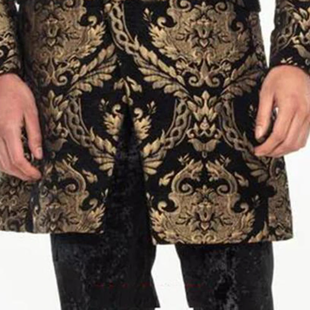 Elegant Men's Gold Patterned Blazer Suit Set - Luxurious Fashion Jacket for Weddings, Parties, and Formal Occasions