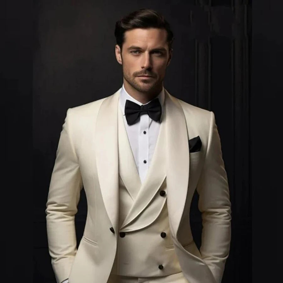 Elegant Beige 2-Piece Men's Blazer Suit Set, Tailored Wedding Tuxedo Jacket and Pants for Formal Events