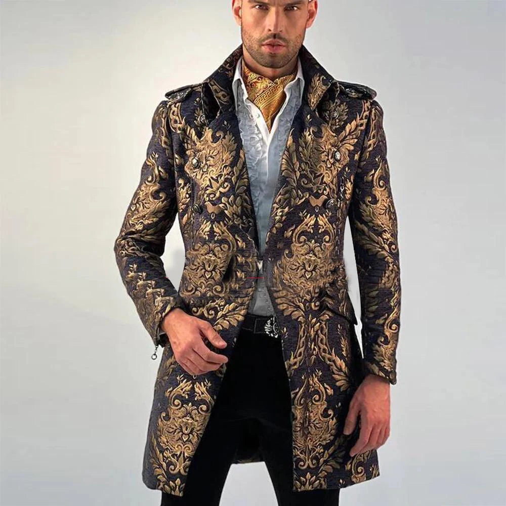 Elegant Men's Gold Patterned Blazer Suit Set - Luxurious Fashion Jacket for Weddings, Parties, and Formal Occasions