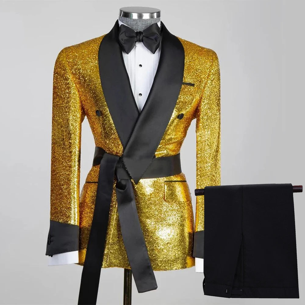 Costume 3 pièces doré scintillant pour homme : veste de smoking, pantalon et gilet exceptionnels pour fêtes et mariages