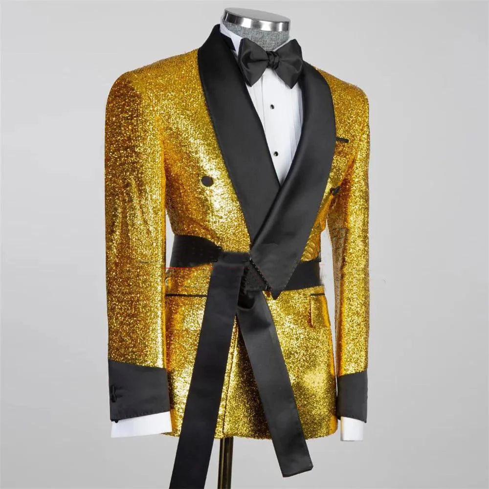 Costume 3 pièces doré scintillant pour homme : veste de smoking, pantalon et gilet exceptionnels pour fêtes et mariages