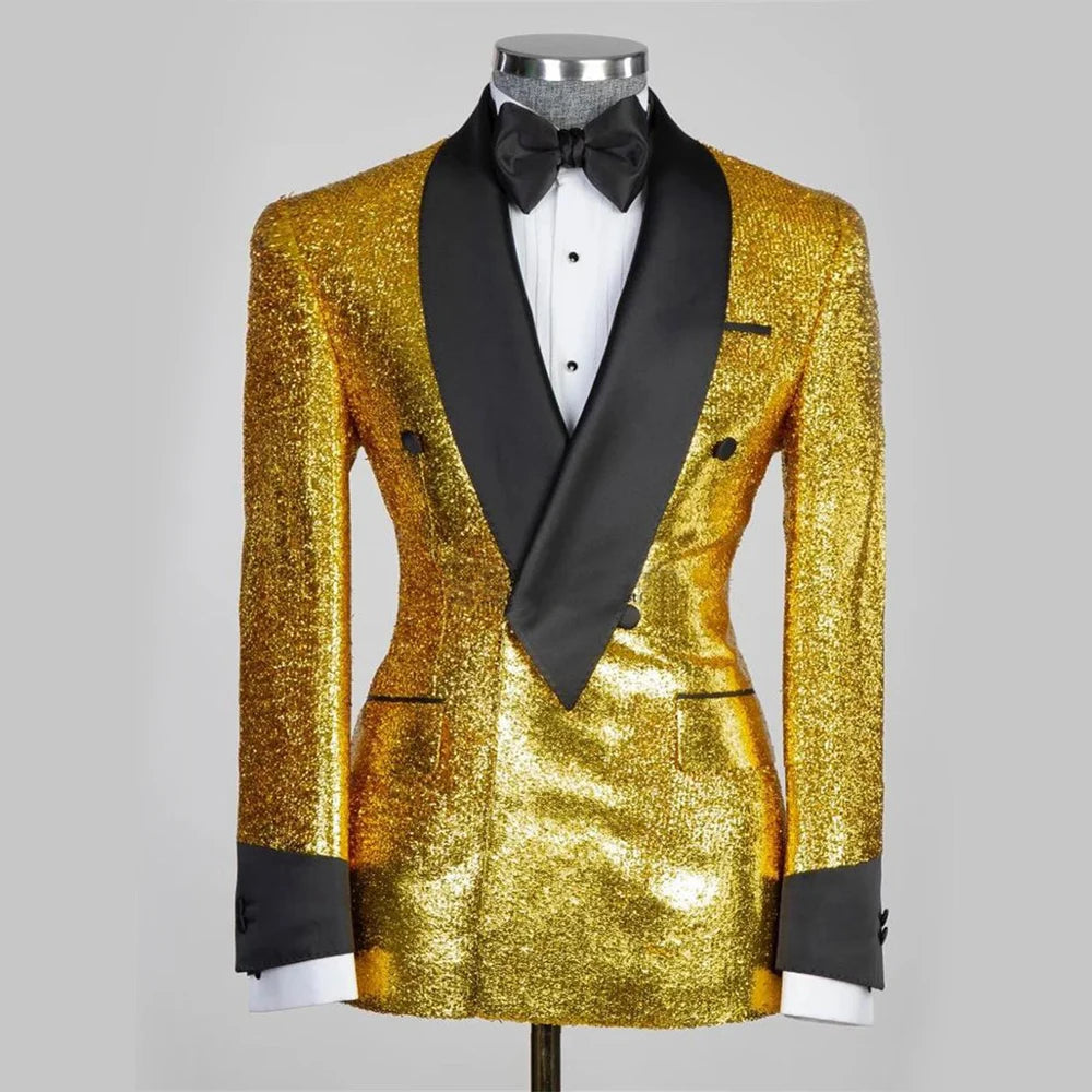 Traje de tres piezas dorado brillante para hombre: chaqueta, pantalón y chaleco de esmoquin llamativos para fiestas y bodas.