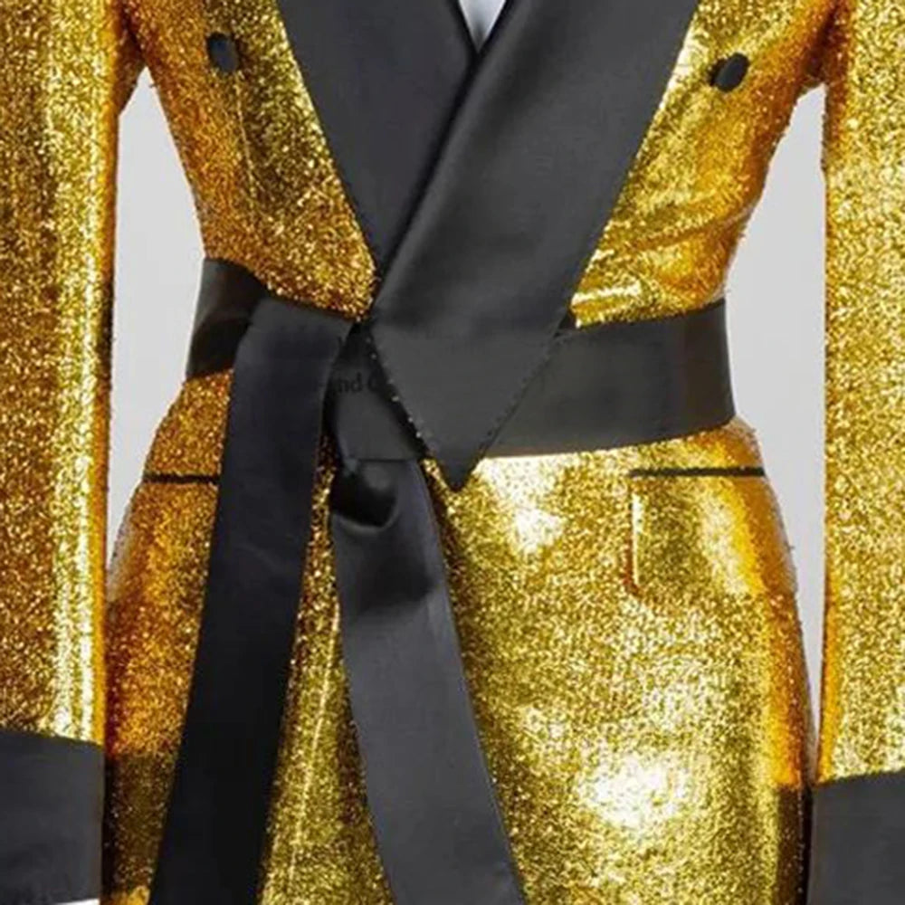 Costume 3 pièces doré scintillant pour homme : veste de smoking, pantalon et gilet exceptionnels pour fêtes et mariages