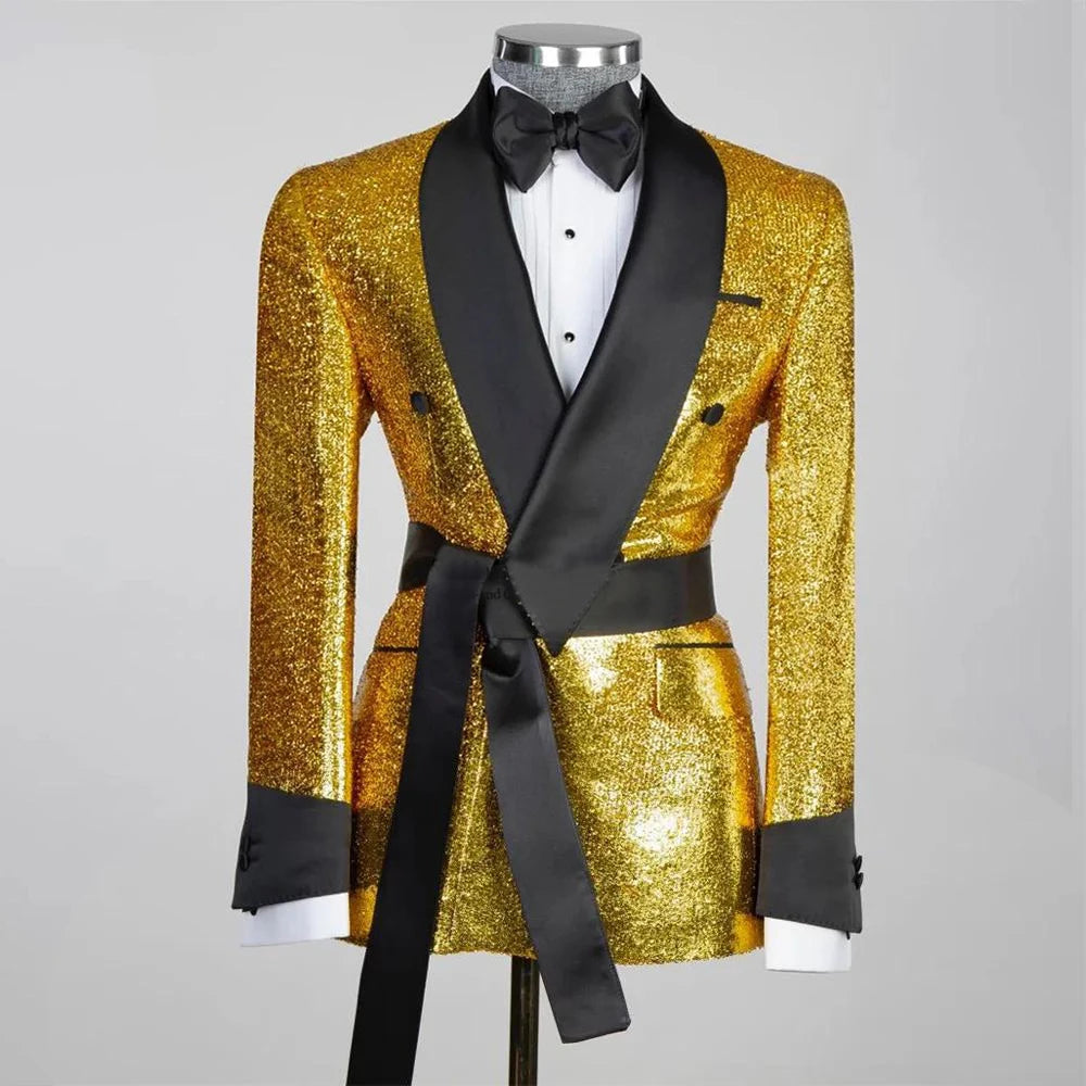 Costume 3 pièces doré scintillant pour homme : veste de smoking, pantalon et gilet exceptionnels pour fêtes et mariages