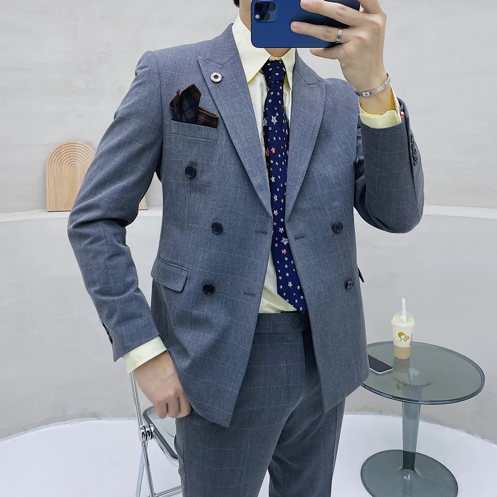 (Blazer + chaleco + pantalones) Traje clásico de celosía para hombre, conjunto de 3 piezas, trajes ajustados para hombre, doble botonadura para novio, vestido de esmoquin de boda 
