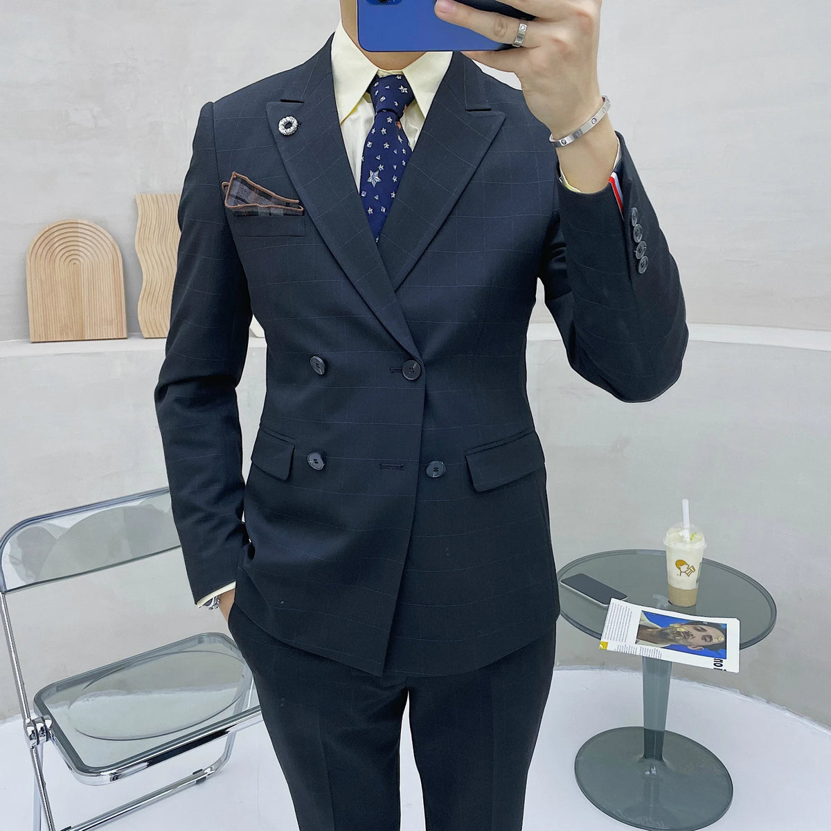 (Blazer + chaleco + pantalones) Traje clásico de celosía para hombre, conjunto de 3 piezas, trajes ajustados para hombre, doble botonadura para novio, vestido de esmoquin de boda 