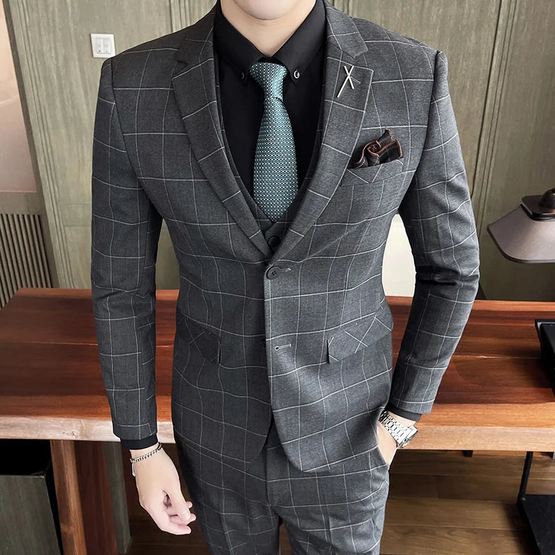 (Blazers + Pantalones + Chaleco) Conjunto de 3 piezas de blazer para hombre, vestido de boda para novio, traje formal de negocios ajustado de otoño, de lujo