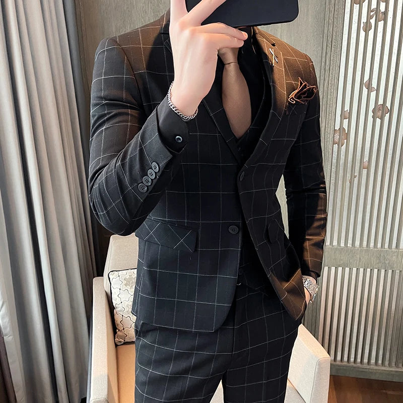 (Blazers + Pantalones + Chaleco) Conjunto de 3 piezas de blazer para hombre, vestido de boda para novio, traje formal de negocios ajustado de otoño, de lujo