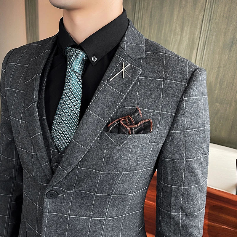(Blazers + Pantalones + Chaleco) Conjunto de 3 piezas de blazer para hombre, vestido de boda para novio, traje formal de negocios ajustado de otoño, de lujo