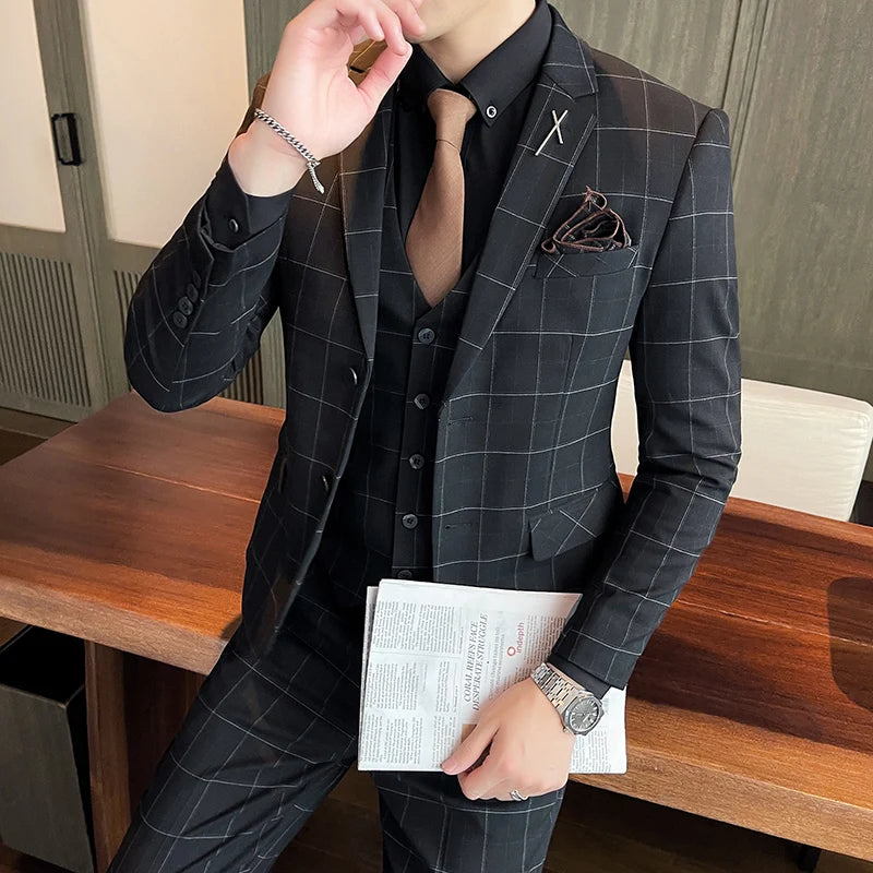 (Blazers + Pantalones + Chaleco) Conjunto de 3 piezas de blazer para hombre, vestido de boda para novio, traje formal de negocios ajustado de otoño, de lujo