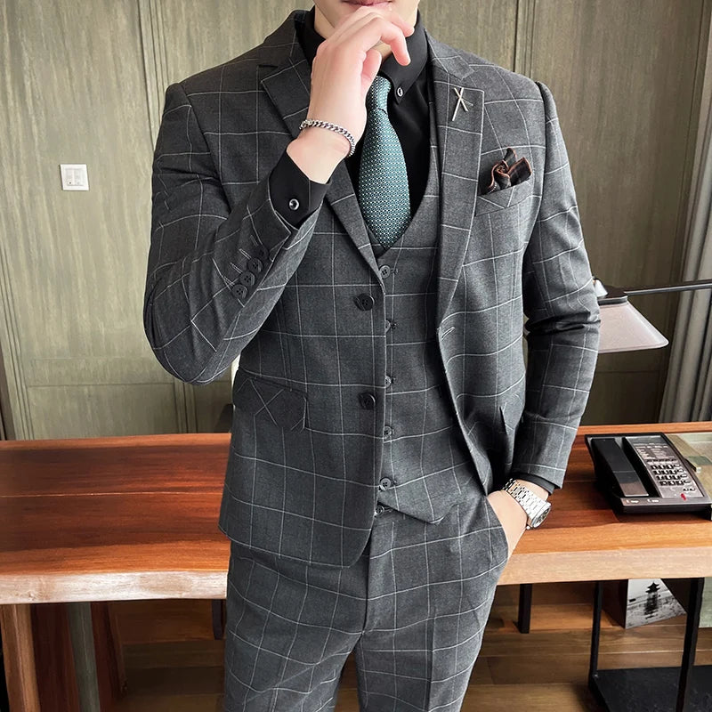 (Blazers + Pantalones + Chaleco) Conjunto de 3 piezas de blazer para hombre, vestido de boda para novio, traje formal de negocios ajustado de otoño, de lujo