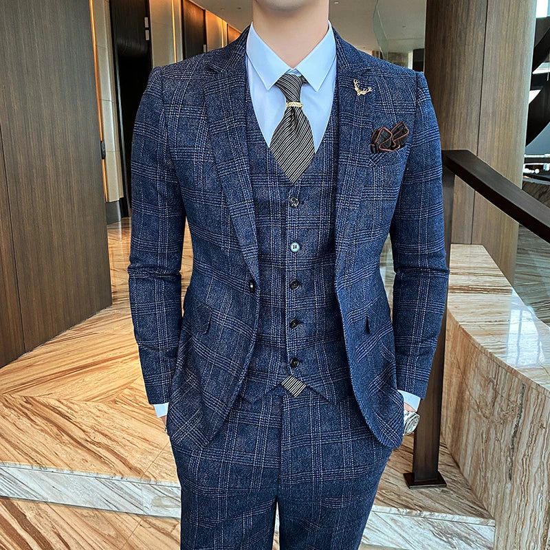(Blazers + chaleco + pantalones) Nuevo conjunto de chaqueta y traje a cuadros para caballero, estilo inglés, sencillo, de 3 piezas, para novio