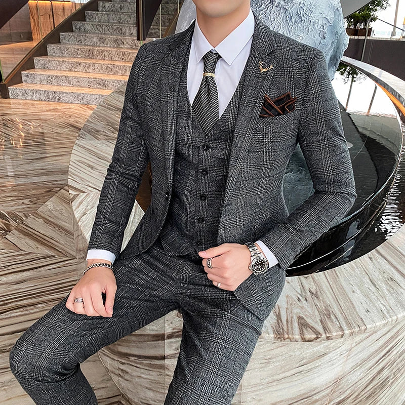 (Blazers + chaleco + pantalones) Nuevo conjunto de chaqueta y traje a cuadros para caballero, estilo inglés, sencillo, de 3 piezas, para novio