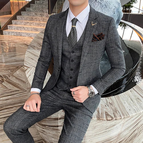 (Blazers + chaleco + pantalones) Nuevo conjunto de chaqueta y traje a cuadros para caballero, estilo inglés, sencillo, de 3 piezas, para novio