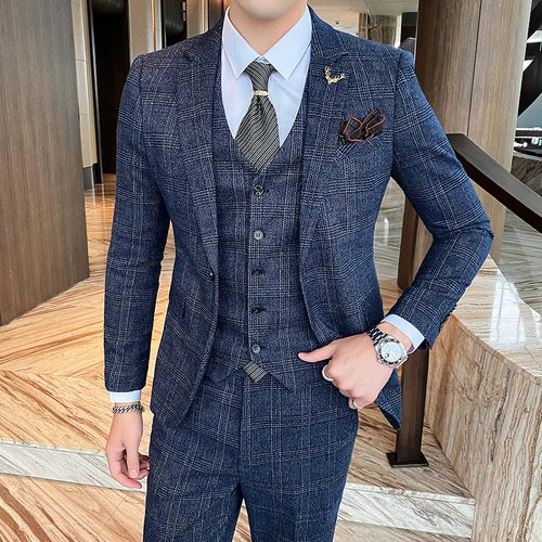 (Blazers + chaleco + pantalones) Nuevo conjunto de chaqueta y traje a cuadros para caballero, estilo inglés, sencillo, de 3 piezas, para novio