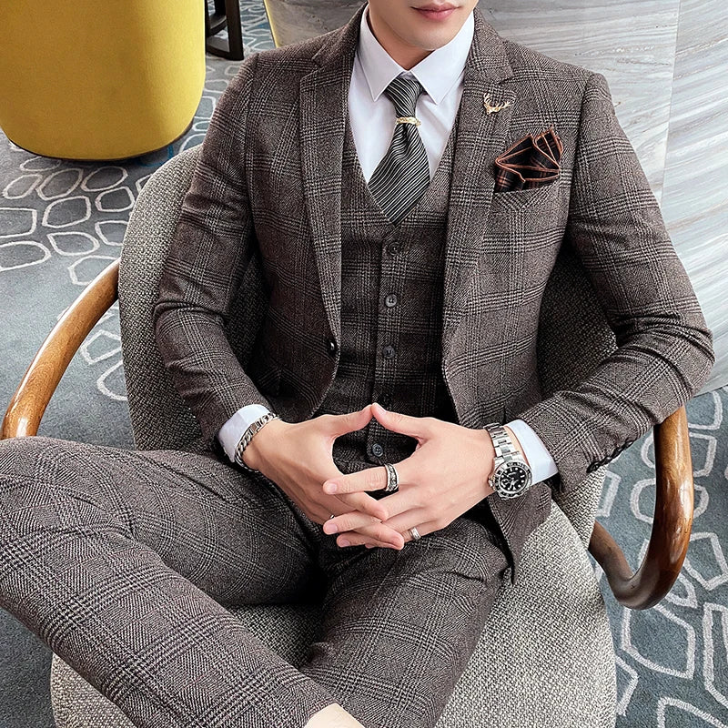 (Blazers + chaleco + pantalones) Nuevo conjunto de chaqueta y traje a cuadros para caballero, estilo inglés, sencillo, de 3 piezas, para novio