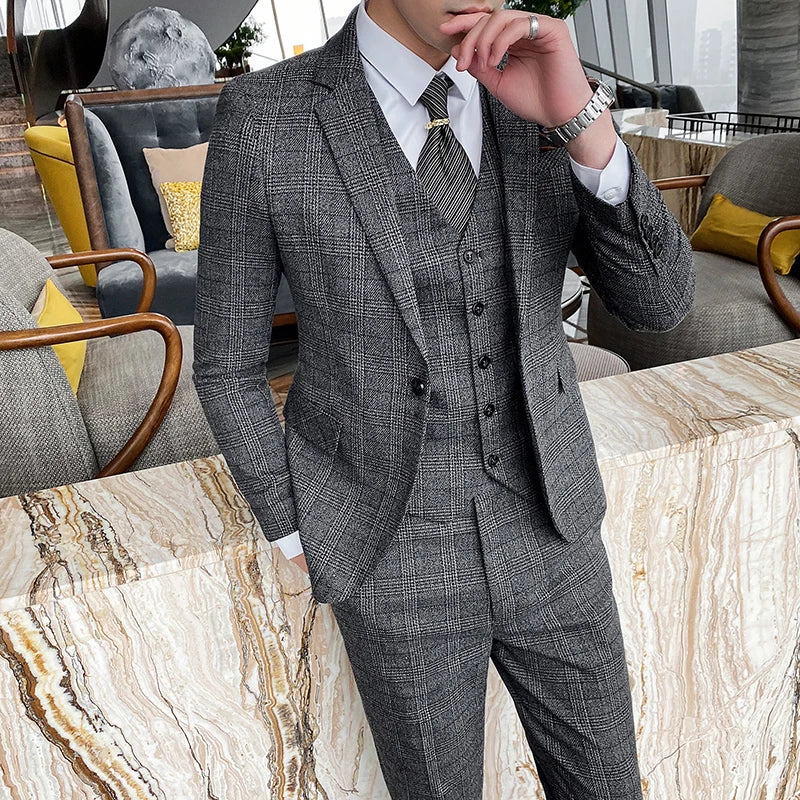 (Blazers + chaleco + pantalones) Nuevo conjunto de chaqueta y traje a cuadros para caballero, estilo inglés, sencillo, de 3 piezas, para novio