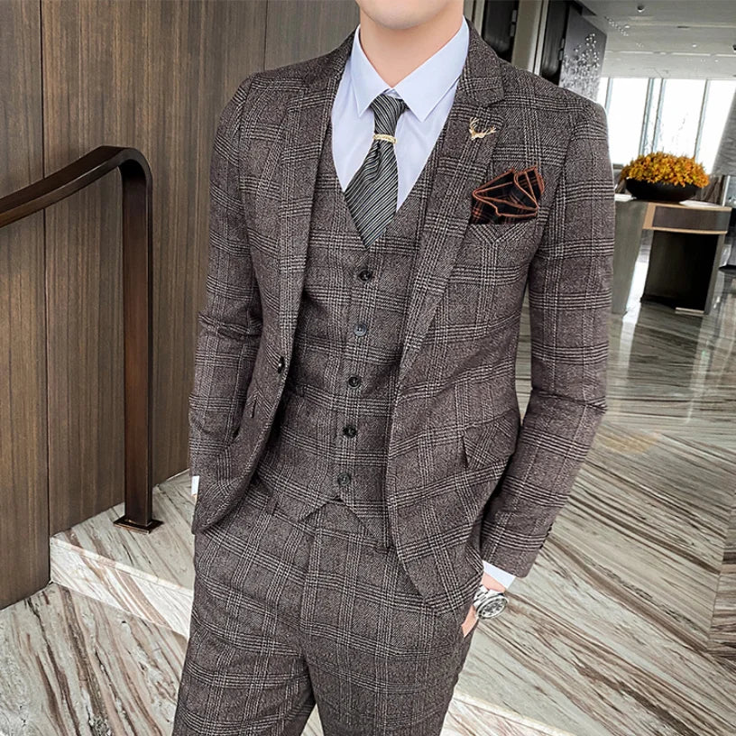 (Blazers + chaleco + pantalones) Nuevo conjunto de chaqueta y traje a cuadros para caballero, estilo inglés, sencillo, de 3 piezas, para novio