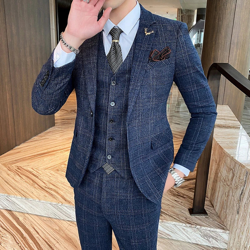 (Blazers + chaleco + pantalones) Nuevo conjunto de chaqueta y traje a cuadros para caballero, estilo inglés, sencillo, de 3 piezas, para novio