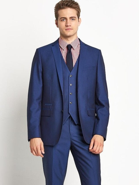 Traje formal ajustado para hombre, 3 piezas (chaqueta, pantalón, chaleco y corbata), traje de fiesta personalizado, blazer azul 