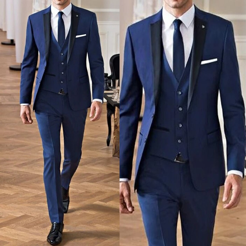 Costume bleu pour homme d'affaires avec veste fine trois pièces, gilet et pantalon, sur mesure, pour marié, mariage, occasion formelle