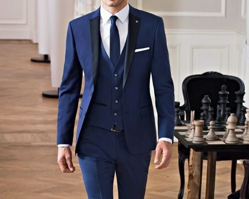 Blue Business Men Suits With Thin Three Pieces Jacket Vest Pants Custom Made Bridegroom Wedding Formal Occasiom