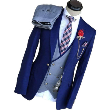 Blue Business Suits for Men Wedding Groom Notch Lapel Double Breasted Vest Men Dress Costume Homme Prom Party Clothes 3 Pcs