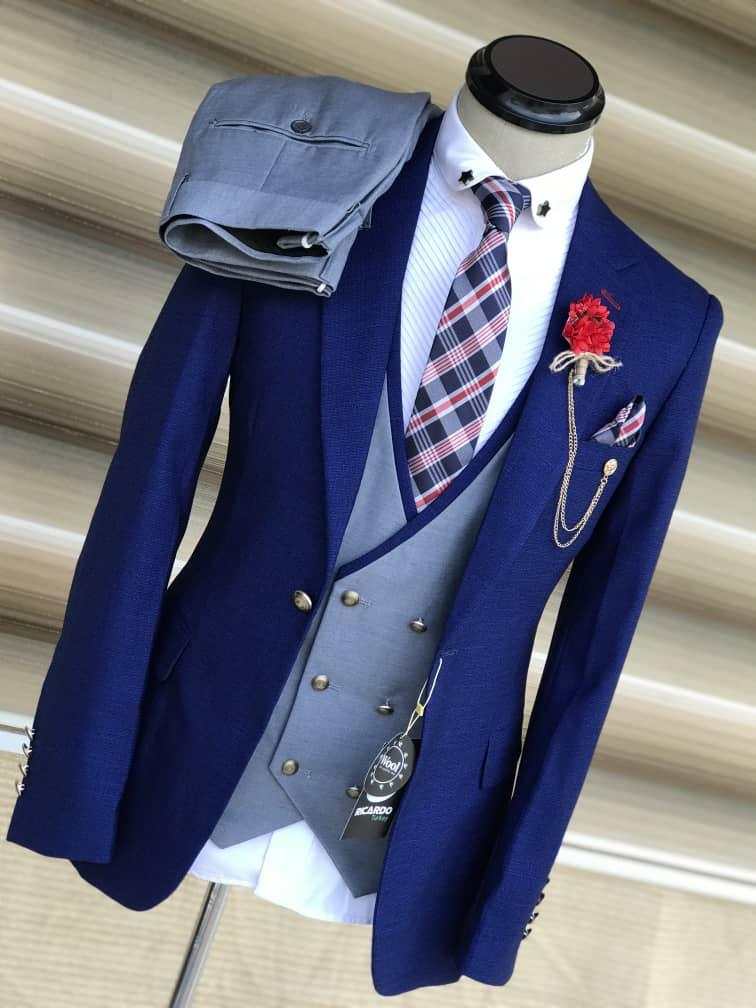 Costume d'affaires bleu pour homme, ensemble 3 pièces, veste croisée à revers cranté, costume de bal de promo 