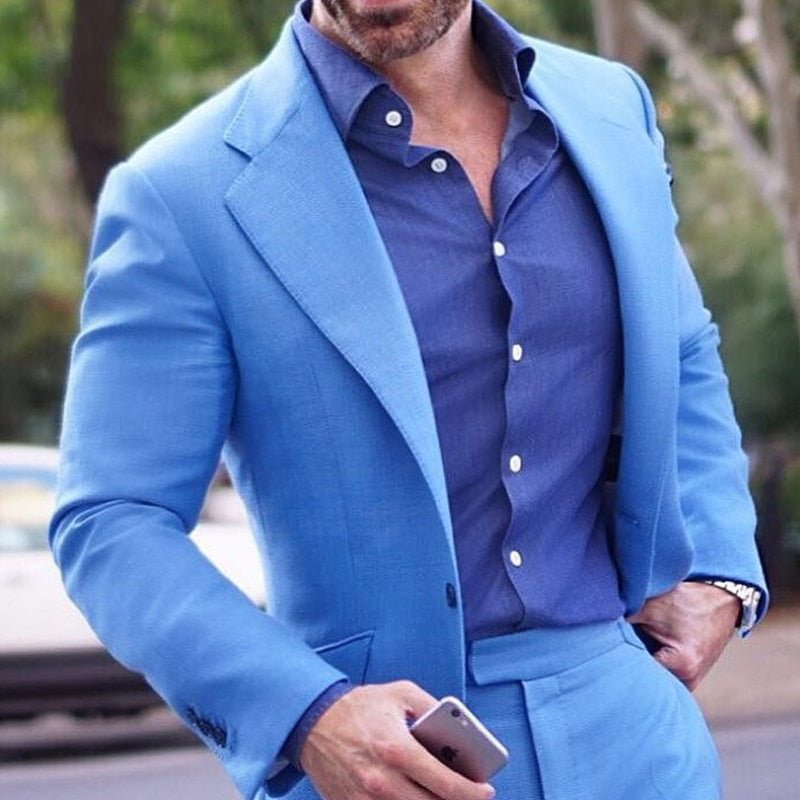 Trajes casuales azules para hombre, corte entallado, 2 piezas, para graduación, boda, esmoquin para padrinos de boda, chaqueta con solapa con muesca y pantalones 