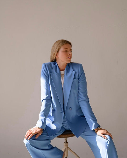 Blue Casual Women Suits 2 Piece Suits With Blazer Pant Plus Size Loose Wide Leg Pants Ladies Suit For Work
