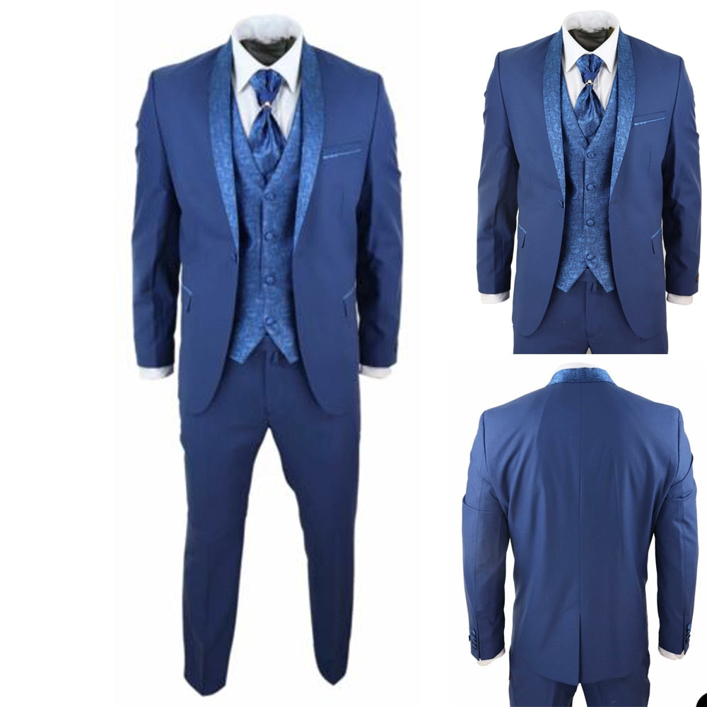Costume classique bleu pour homme, smoking sur mesure, veste trois pièces, gilet, pantalon, costume de créateur pour occasion formelle 