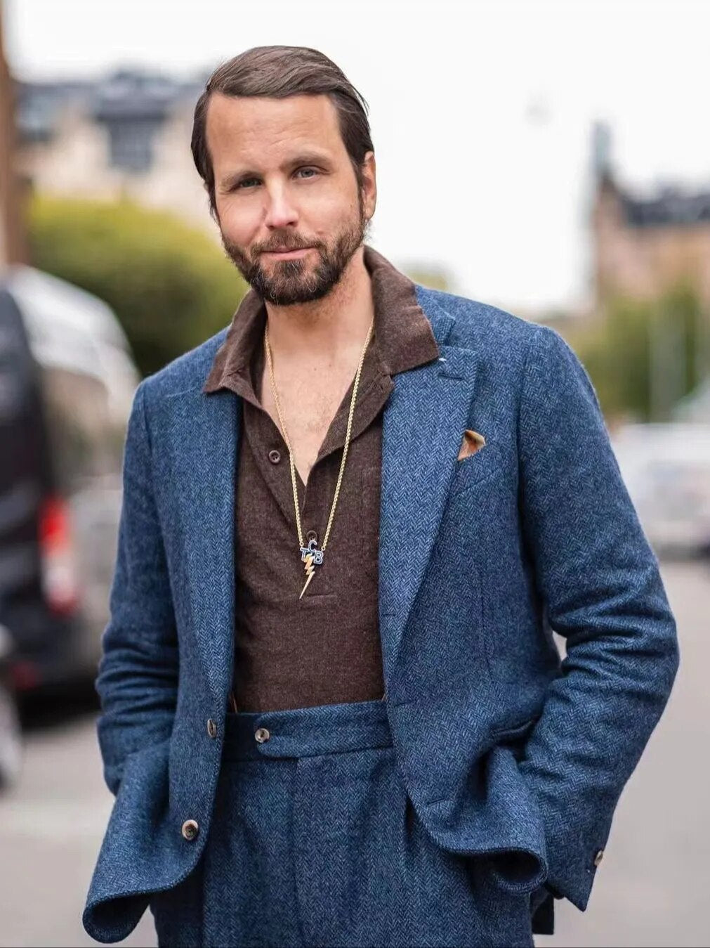 Traje de hombre de lujo con abrigo azul y pantalón para boda, chaqueta de otoño e invierno con estampado de espiga, vestido de fiesta de caballero de 2 piezas (blazer + pantalón) 