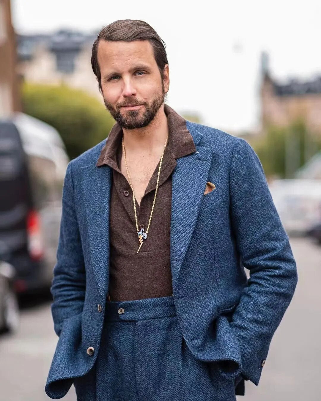 Traje de hombre de lujo con abrigo azul y pantalón para boda, chaqueta de otoño e invierno con estampado de espiga, vestido de fiesta de caballero de 2 piezas (blazer + pantalón) 