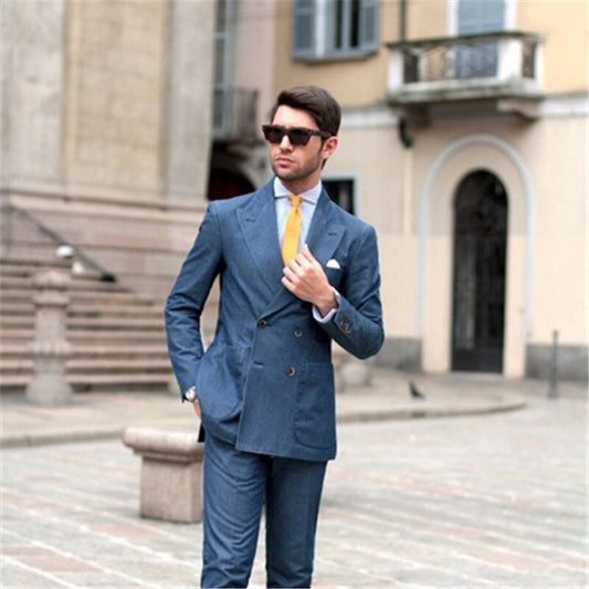 Blue Double Breasted Formal Men Suit 2Pcs(Jacket+Pants+Tie)Blazer Trousers Slim Fit Business Custom Party Wear Business Clothing