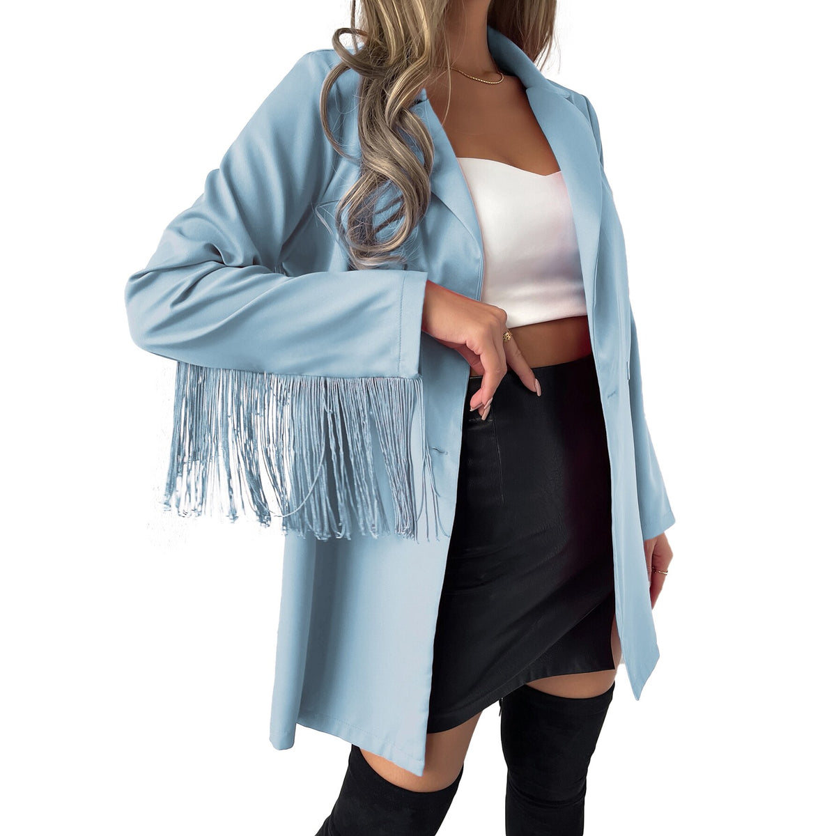 Veste longue bleue à double boutonnage pour femme, ample, décontractée, à pompons, sexy, pour bal de promo, soirée, tenue de soirée, blazer sur mesure 