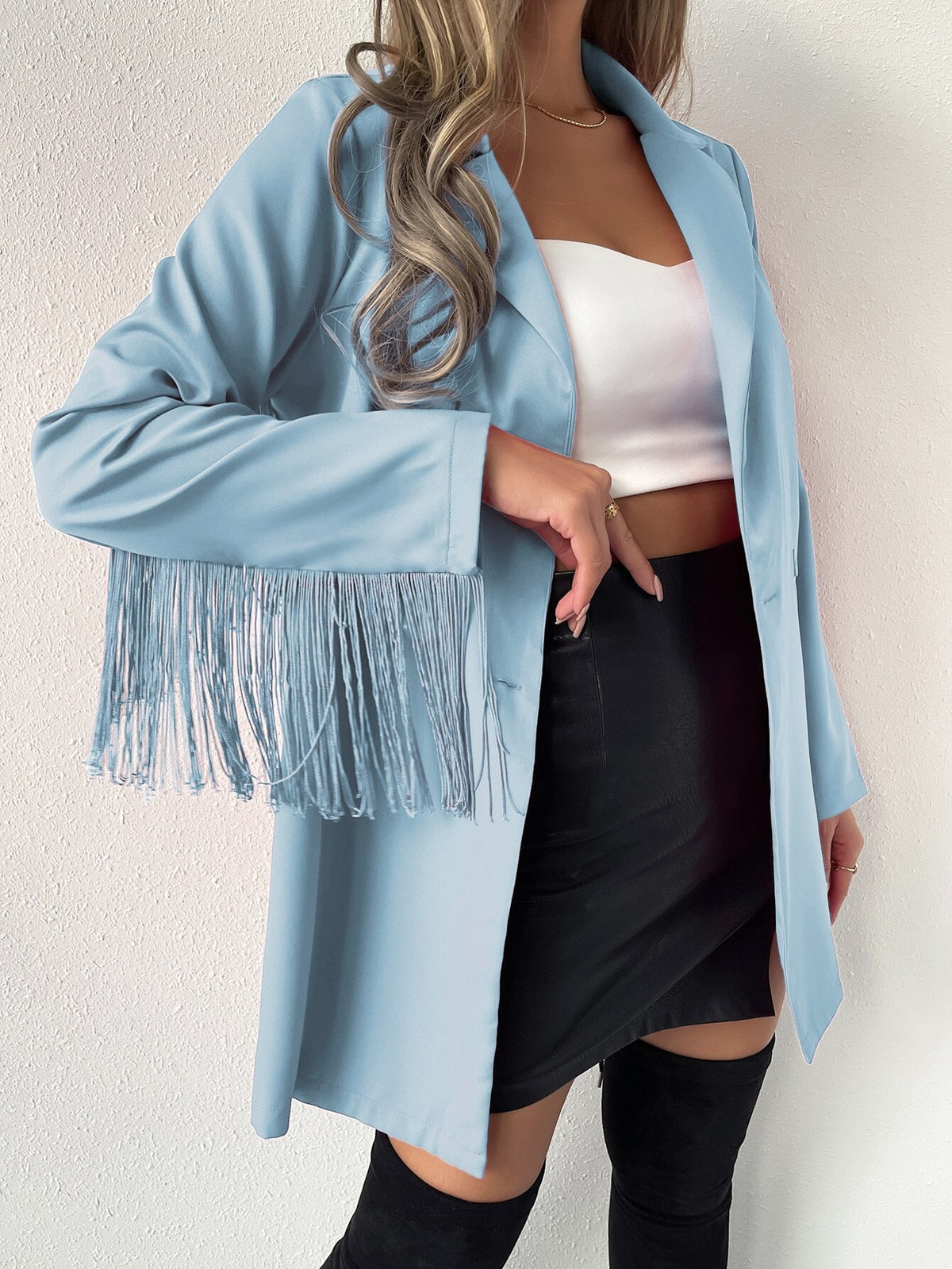 Veste longue bleue à double boutonnage pour femme, ample, décontractée, à pompons, sexy, pour bal de promo, soirée, tenue de soirée, blazer sur mesure 