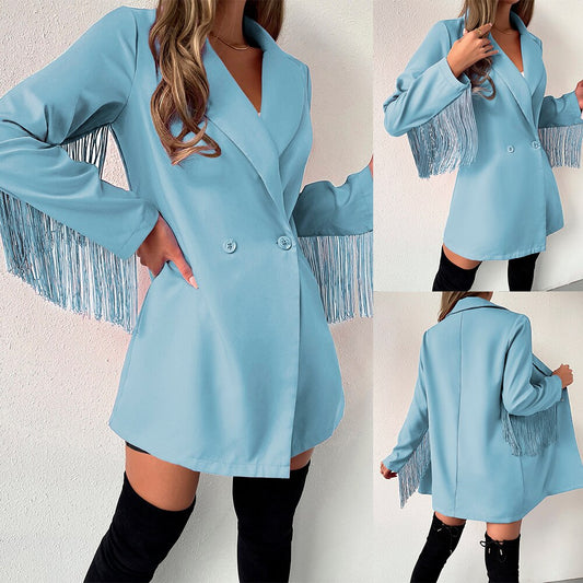 Blue Double Breasted Women Loose Leisure Tassel Long Jacket Sexy Ladies Prom Evening Guest Formal Wear Custom Made Blazer