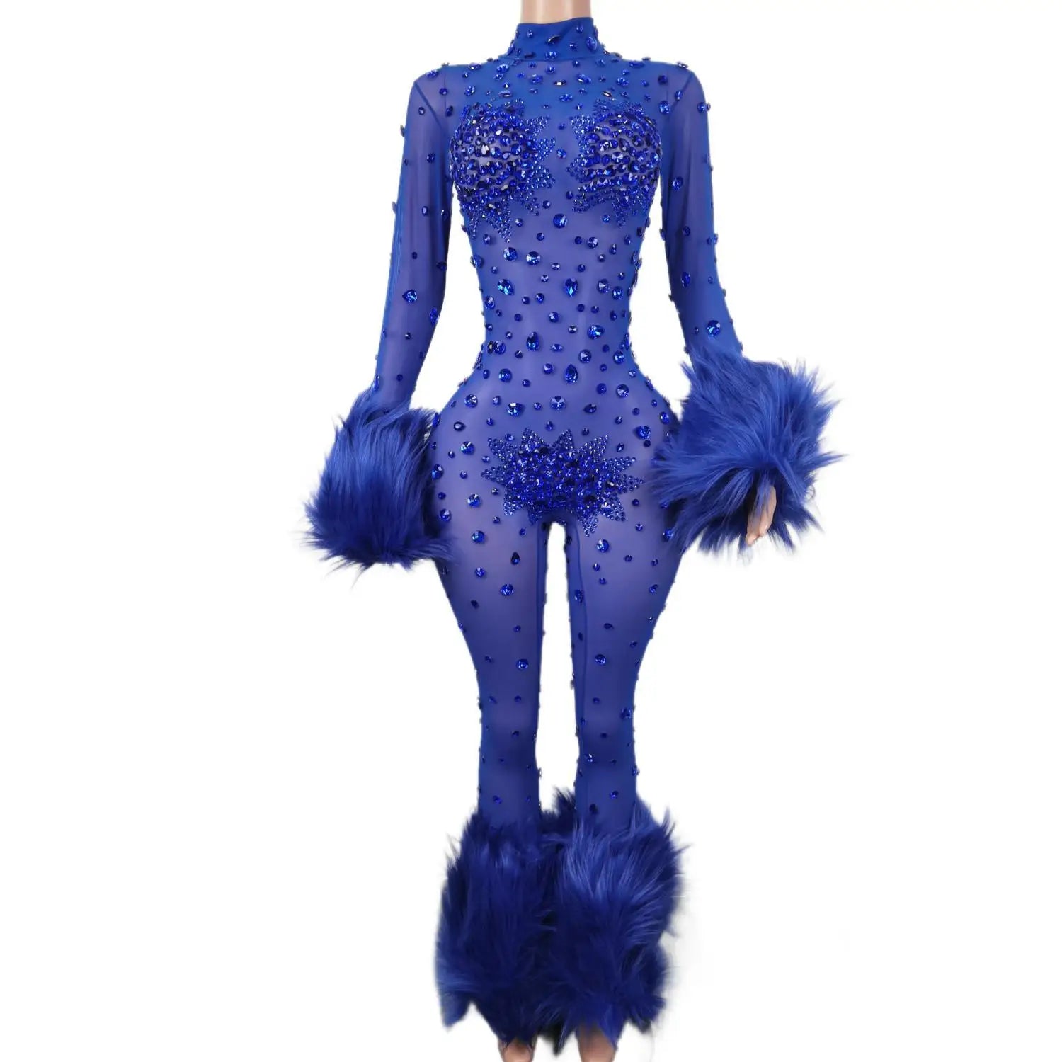 Superbe combinaison transparente en fourrure bleue ornée de strass pour danseurs et artistes - Costume de scène slim à manches longues 