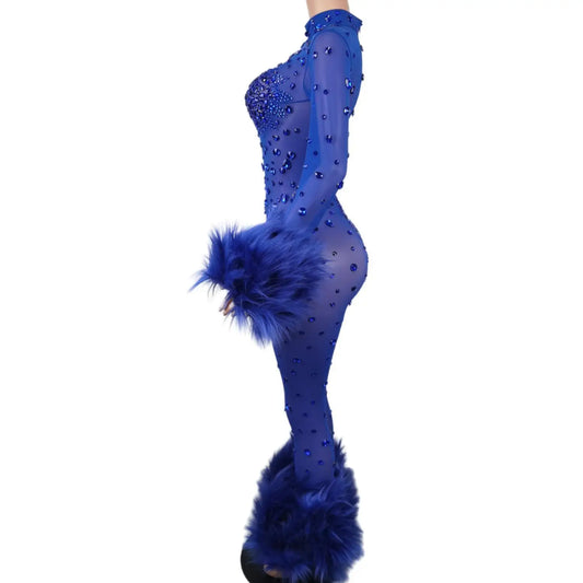 Superbe combinaison transparente en fourrure bleue ornée de strass pour danseurs et artistes - Costume de scène slim à manches longues 