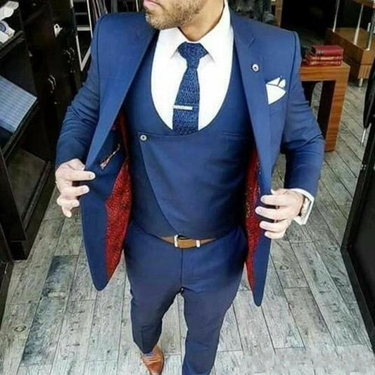 Blue Groom Tuxedos Notch Lapel Slim Fit Groomsman Wedding 3 Piece Suit Men Business Jacket Blazer Jacket+Pants+Vest