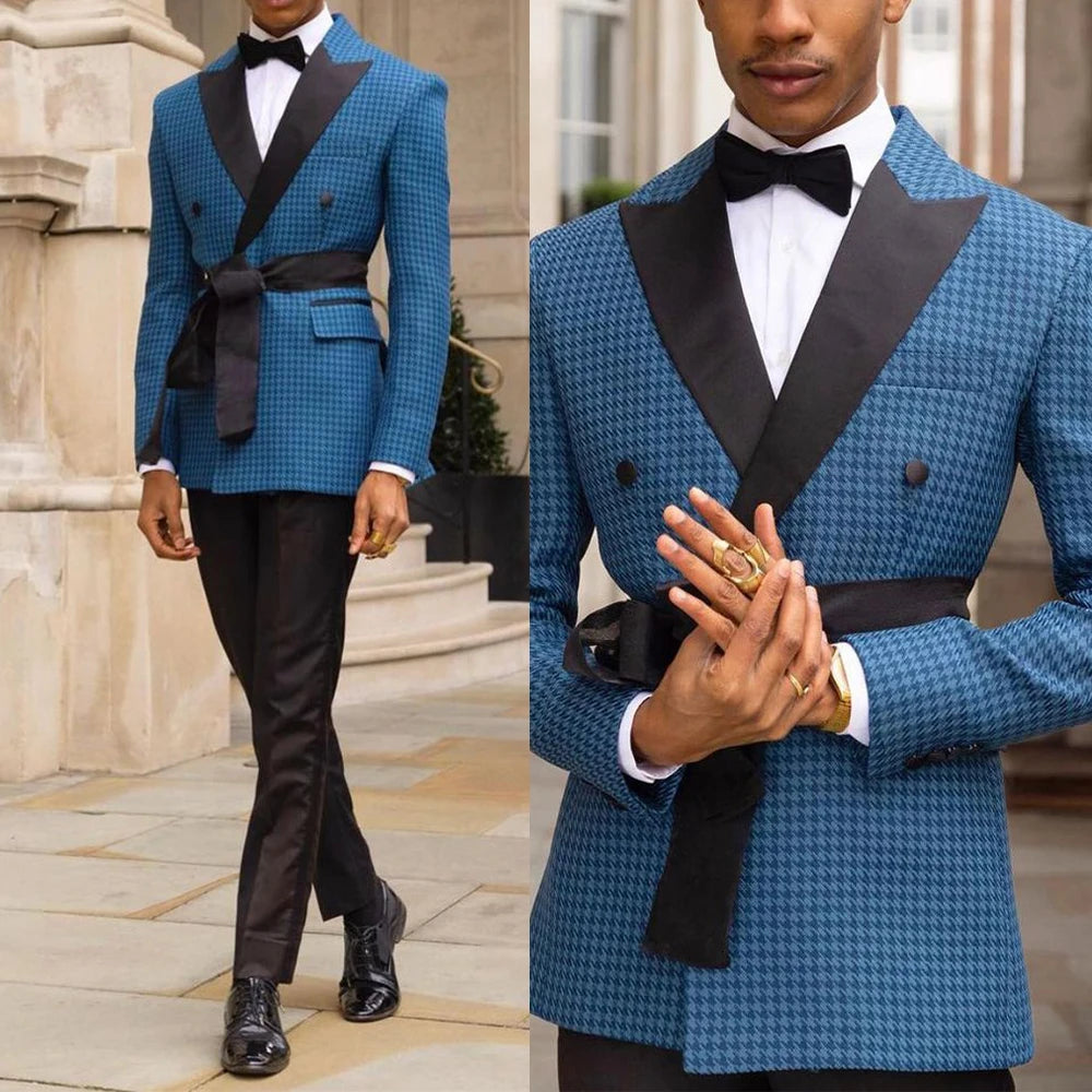Costume homme pied-de-poule bleu sur mesure 2 pièces blazer pantalon noir smoking avec ceinture affaires moderne mariage marié bal sur mesure