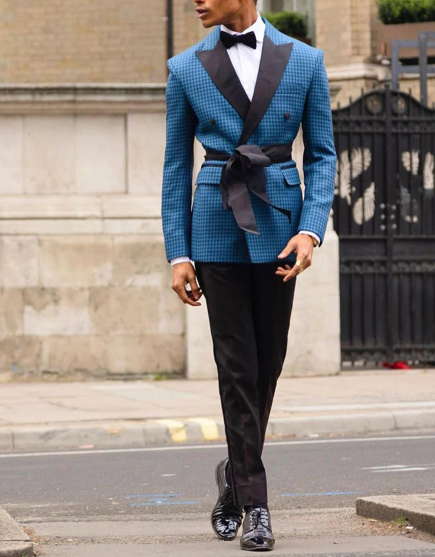 Costume homme pied-de-poule bleu sur mesure 2 pièces blazer pantalon noir smoking avec ceinture affaires moderne mariage marié bal sur mesure