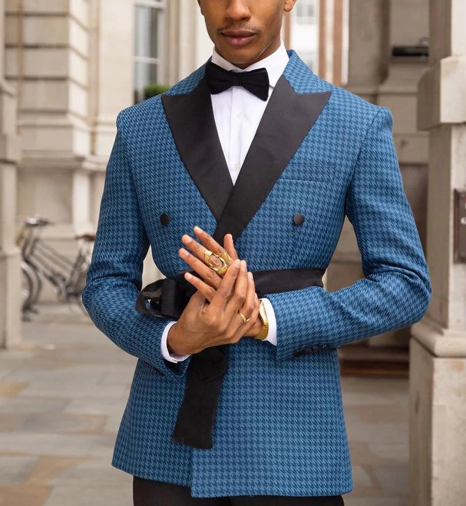 Costume homme pied-de-poule bleu sur mesure 2 pièces blazer pantalon noir smoking avec ceinture affaires moderne mariage marié bal sur mesure