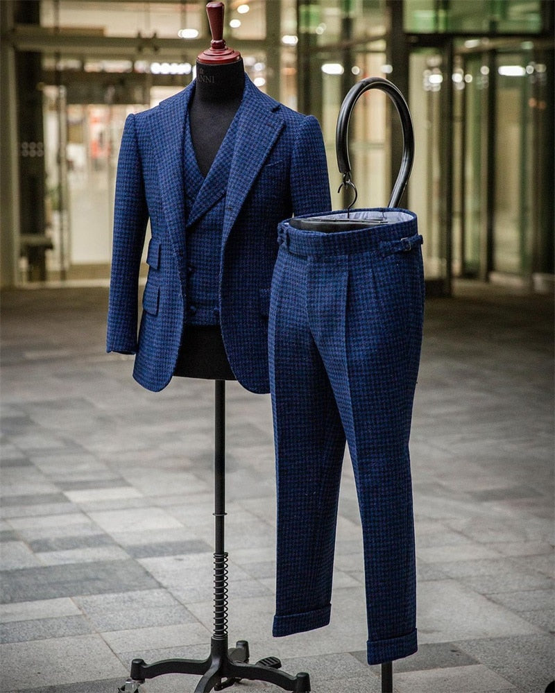 Conjunto de traje azul para hombre, 3 piezas, a medida, de lana de invierno, blazer, chaleco y pantalones, para boda, graduación, esmoquin y chaqueta. 